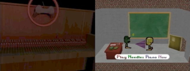 Left: Needles Piano loading screen. Right: Marvin with Paul, who is about to play the Needles.