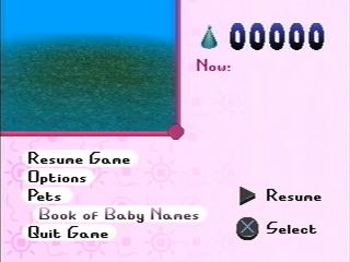 The pause menu with the Book of Baby Names selected