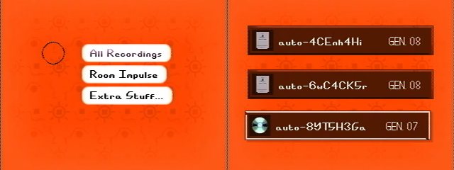 Left: The Recording Player's main menu. Right: Three auto-saved recordings; two from the memory card, and one on disc.